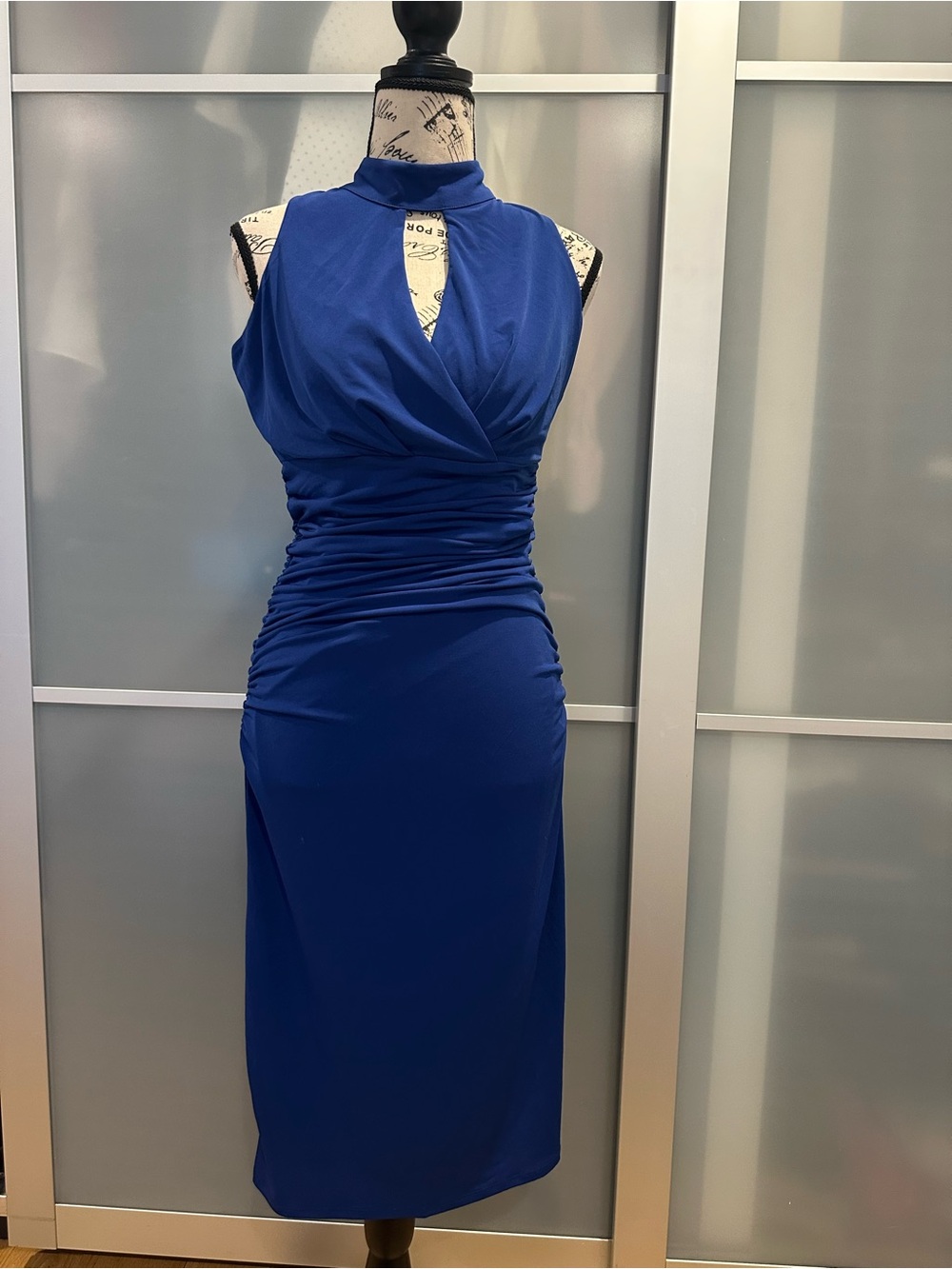 New York & Company Royal Blue Halter Midi Dress with Ruched Waist